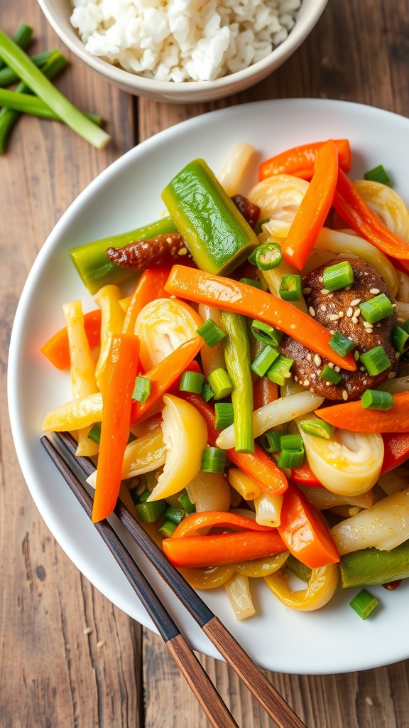 Savory Cabbage Stir-Fry Recipe A vibrant plate of cabbage stir-fry with bell peppers and carrots, garnished with green onions and sesame seeds on a wooden table with rice.